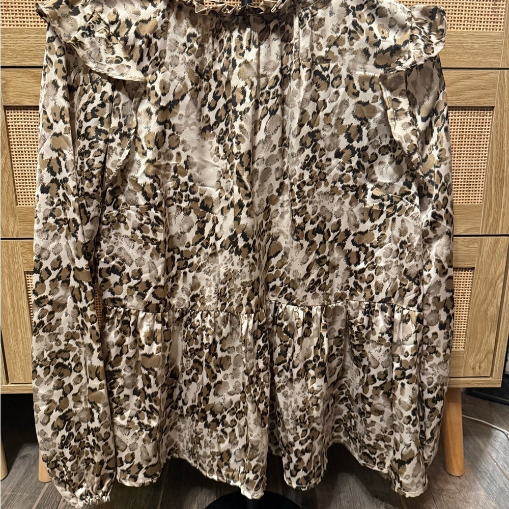 Main Strip Leopard Print Ruffle Collar Blouse in Cream and Brown